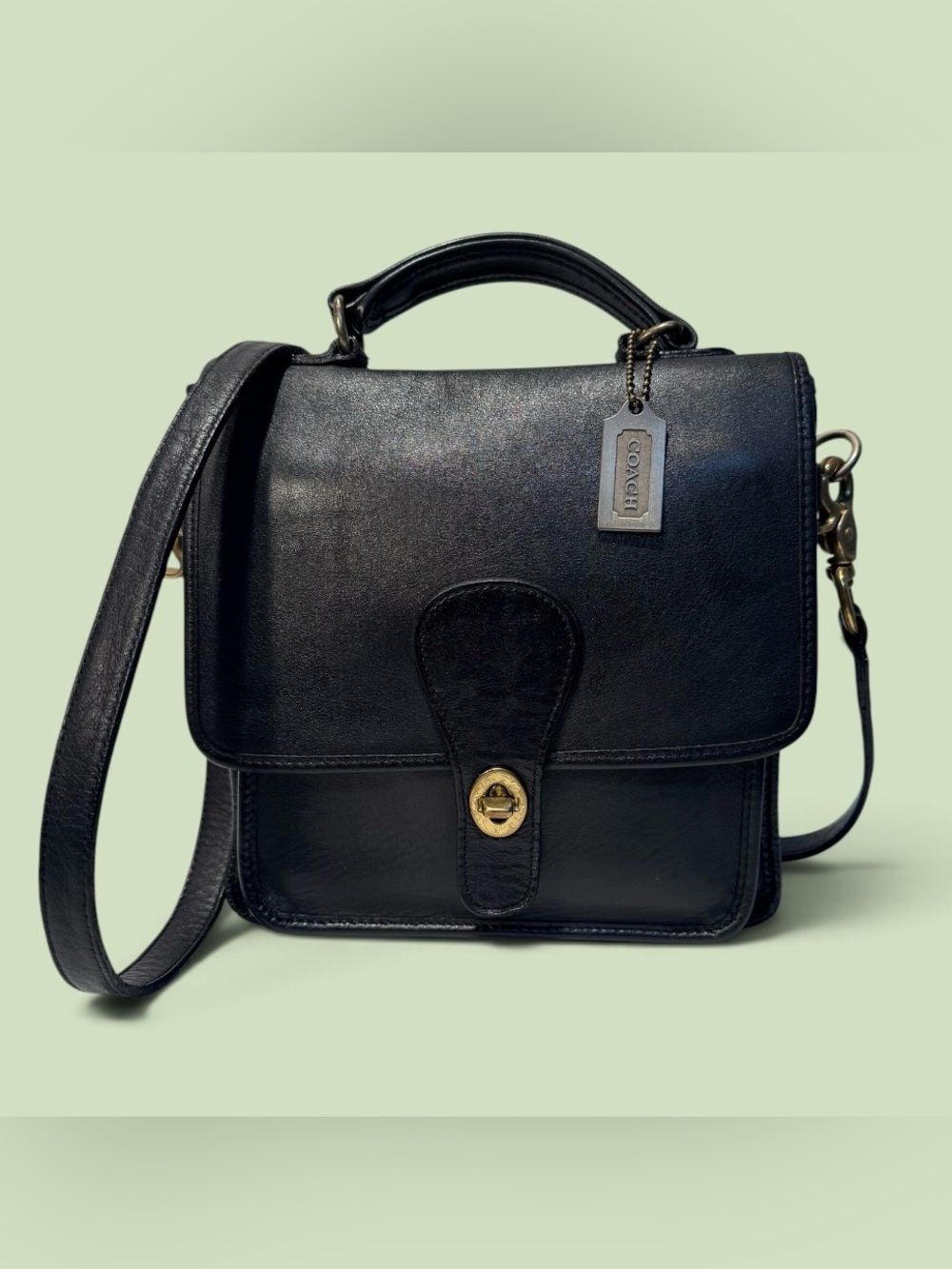 Coach Vintage Black Leather Top-Handle Satchel with Gold Turnlock
